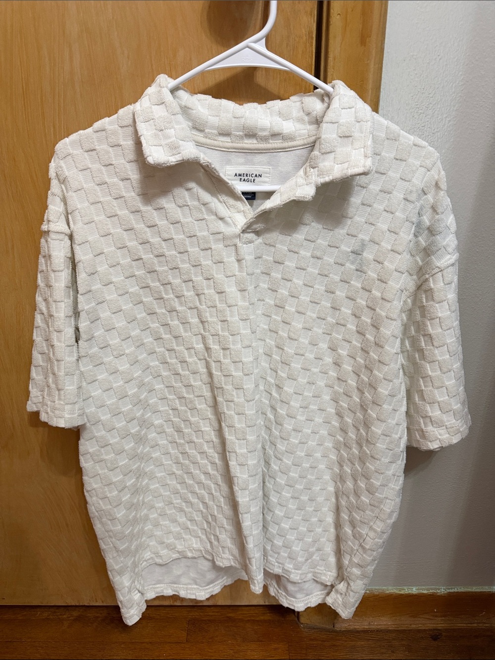 American Eagle Off-White Textured Short Sleeve Polo